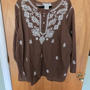 Denim 24/7 Chocolate Tunic with White Embroidery